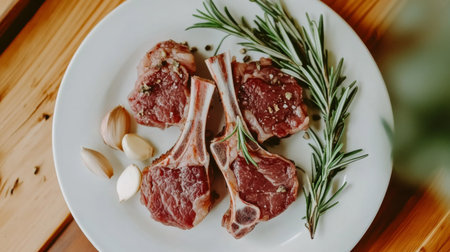 Discover fresh raw lamb chops garnished with garlic cloves and rosemary. Perfect for culinary enthusiasts, these chops promise delectable flavors and a rustic presentation.の素材