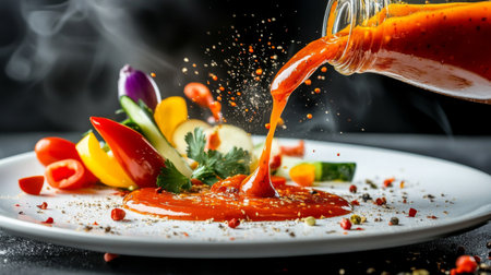 A vibrant red sauce elegantly pours over a fresh vegetable arrangement on a white plate, showcasing an artistic culinary presentation perfect for food photography.の素材