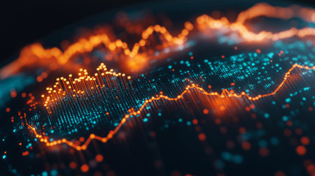 Engaging abstract visualization showcasing glowing data trends and charts. Ideal for technology and finance themes, emphasizing digital analytics.の素材