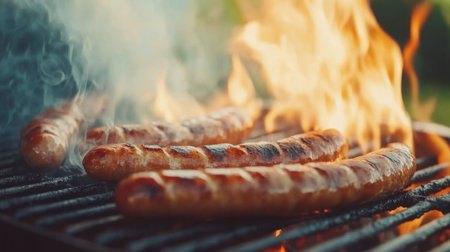 Delicious sausages grilling over high flames, surrounded by smoke. Perfect for summer gatherings and outdoor parties, showcasing mouthwatering textures and flavors.の素材