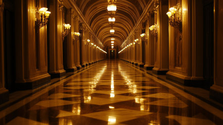 A stunning view of an elegant hallway featuring polished marble floors, intricate chandeliers, and a warm, inviting glow that showcases luxurious architecture.の素材