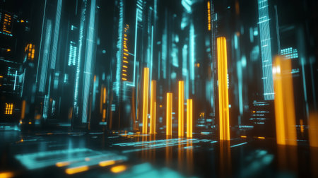 Explore a vibrant digital landscape featuring glowing data bars and binary code, capturing the essence of futuristic technology and innovation in a visually stunning environment.の素材