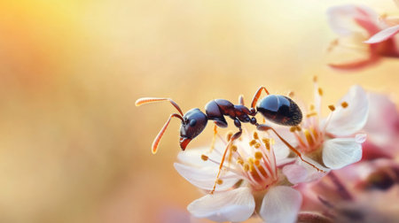 This close-up image features a solitary ant crawling delicately on soft flower petals, capturing the intricate details of nature and highlighting the beauty of springtime flora.の素材