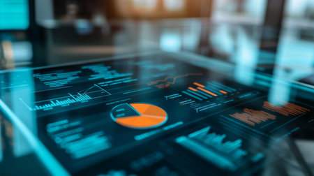 This image showcases a futuristic data analysis dashboard featuring colorful charts and graphs, ideal for illustrating modern technology and business insights.の素材