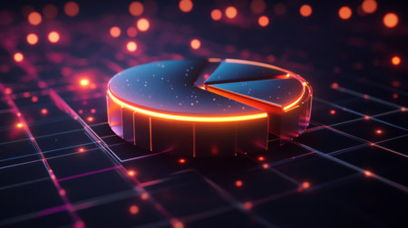 This stunning 3D pie chart showcases glowing effects against an abstract background, perfect for presentations or data visualization in modern business and technology contexts.の素材