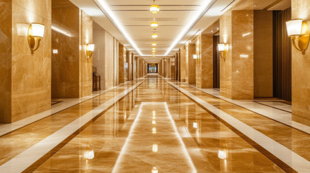 This elegant marble corridor features warm lighting, polished surfaces, and sleek design elements, creating a refined atmosphere in a luxury setting.の素材