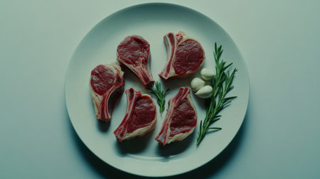 A captivating arrangement of fresh lamb chops on a white plate, accompanied by garlic and rosemary, perfect for culinary enthusiasts and food lovers.の素材