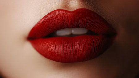 This stunning close-up image showcases perfectly smooth red lips with a matte finish and a hint of shine, embodying beauty and elegance in makeup.の素材