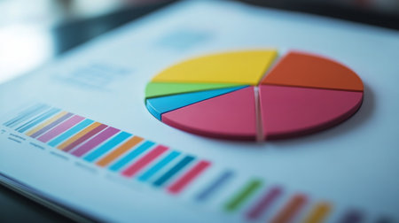 A colorful pie chart designed for data analysis, showcasing vibrant segments and statistics on a clean paper background, ideal for presentations or reports.の素材