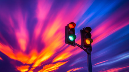 Captivating image of a traffic light against a dramatic sunset sky. The vibrant colors blend beautifully, creating an atmospheric landscape filled with emotion.の素材
