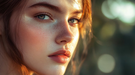 A captivating close-up portrait of a beautiful young woman, showcasing her radiant skin and delicate freckles. The soft sunlight creates a serene atmosphere, highlighting her expressive eyes and glowing complexion.の素材