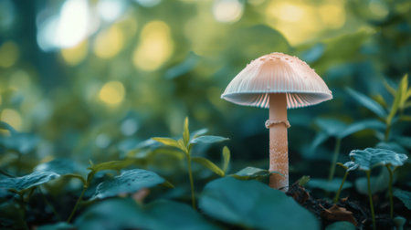 A delicate mushroom stands gracefully amidst lush green foliage, showcasing nature's beauty. The serene colors reflect a quiet forest environment, inviting peace.の素材