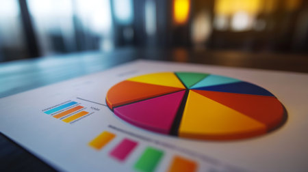 A vibrant pie chart sits on a professional table, illustrating relevant data insights for business analysis and reporting. Perfect for presentations.の素材