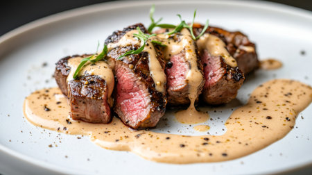 A beautifully plated gourmet sliced steak drizzled with a creamy sauce, garnished with fresh herbs, perfect for an elegant dining experience.の素材