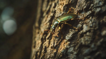 Captivating close-up image of a vibrant beetle perched on tree bark. This detailed shot showcases the beetle's shiny green body and natural habitat, highlighting intricate features.の素材