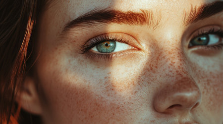 This captivating close-up portrait features a young woman with striking blue eyes and a sprinkle of freckles, illuminated by soft sunlight. The interplay of light and shadow enhances her natural beauty.の素材