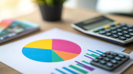 A vibrant pie chart displays market analysis alongside calculators on a wooden table. A small plant adds a touch of greenery to the professional workspace.の素材