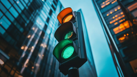 A close-up view of a green traffic light standing tall against a backdrop of modern urban buildings. The image captures a vivid city atmosphere highlighting modern architecture.の素材