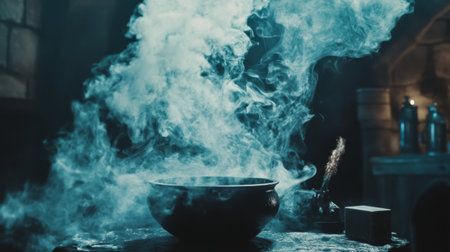 A dark and atmospheric scene featuring a cauldron emitting swirling smoke. The mysterious ambiance evokes a sense of magic and intrigue, perfect for fantasy themes.の素材