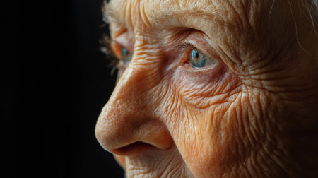A stunning close-up portrait showcasing an elderly woman's face with striking blue eyes. The intricate skin texture and gentle wrinkles tell a story of life and wisdom.の素材