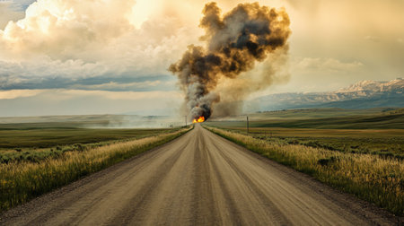A dramatic scene unfolds on a dirt road as smoke billows from a distant fire. The expansive landscape captures the tension of nature's elements during sunset.の素材