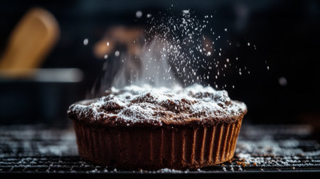 An inviting chocolate cake sits on a cooling rack, dusted with powdered sugar. The warm, rich colors and soft texture create a delightful atmosphere perfect for any dessert table.の素材