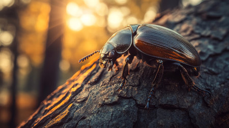 This image captures a stunning close-up of a shiny beetle perched on textured tree bark, illuminated by the warm light of the golden hour, showcasing the beauty of nature.の素材