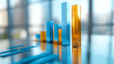 A vibrant display of blue and orange bars highlights data growth and business success. This captivating visual is ideal for analytics, finance, and marketing themes.の素材