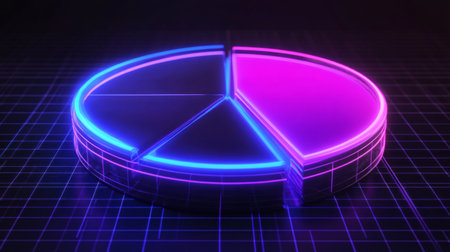 Vibrant neon pie chart showcasing modern design with purple and blue lighting. Ideal for data visualization, marketing, and technology presentations.の素材