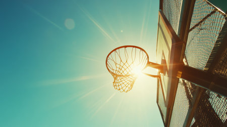 A captivating view of a basketball hoop illuminated by bright sunlight against a clear blue sky, creating an inspiring scene for sports lovers and outdoor enthusiasts.の素材