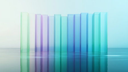 This image features an abstract arrangement of colorful glass bars representing a graph, set against a soft gradient background. The smooth reflections enhance its modern aesthetic.の素材