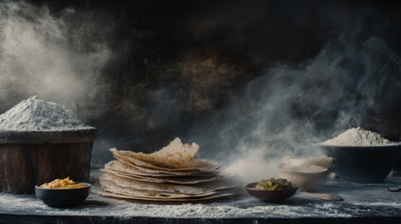 Captivating scene of flour and flatbreads with a rustic atmosphere, showcasing the beauty of culinary preparation against a smoky backdrop. Perfect for food photography.の素材