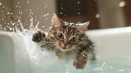 A playful scene of a cat chasing water sprays in a bathtub, with its fur getting wet and a joyful expression on its faceの素材