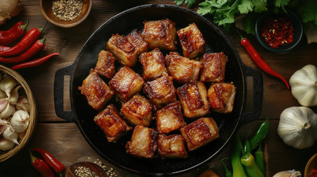 A rustic kitchen setting with a cast iron skillet filled with crispy fried pork belly, surrounded by fresh ingredients like garlic and chiliesの素材