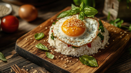 A rustic setting featuring a wooden board with a serving of Thai basil fried rice topped with a fried egg, sprinkled with sesame seeds and fresh herbs for an appealing presentation.の素材