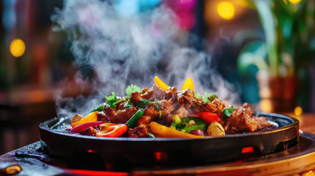 A sizzling hot plate of filled with marinated pork slices, colorful vegetables, and herbs, bubbling away, with steam rising and a vibrant setting showcasing a communal dining experience.の素材