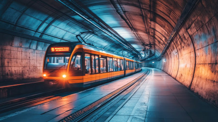 A serene scene of an empty subway tunnel with soft lighting, highlighting the architectural details and providing a sense of solitude and calmnessの素材