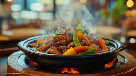 A sizzling hot plate of filled with marinated pork slices, colorful vegetables, and herbs, bubbling away, with steam rising and a vibrant setting showcasing a communal dining experience.の素材