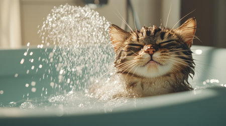 A playful scene of a cat chasing water sprays in a bathtub, with its fur getting wet and a joyful expression on its faceの素材