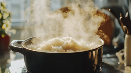 A pot of hot steamed rice just after being cooked, with steam escaping as the lid is lifted, capturing the moment of freshness and warmth.の素材
