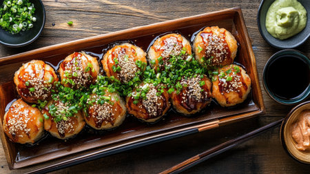 A platter of takoyaki arranged beautifully on a bamboo tray, topped with bonito flakes and green onions, served alongside chopsticks and dipping sauces.の素材