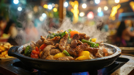 A sizzling hot plate of filled with marinated pork slices, colorful vegetables, and herbs, bubbling away, with steam rising and a vibrant setting showcasing a communal dining experience.の素材