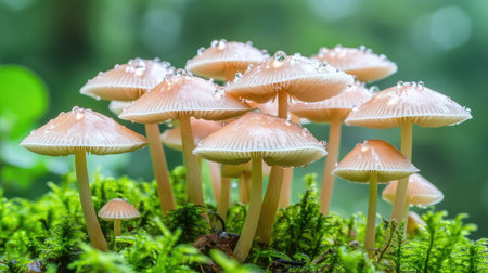 A serene forest scene where wild mushrooms are thriving after a rain, with droplets of water glistening on their caps, highlighting their natural beautyの素材
