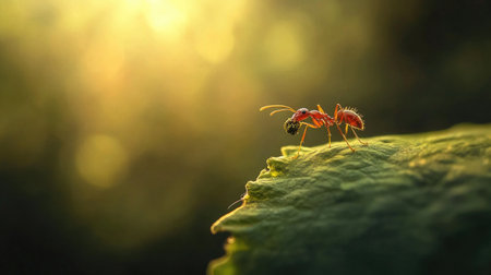 A small ant carrying food as it climbs a textured green leaf, its tiny legs gripping the surface, with a blurred natural background.の素材