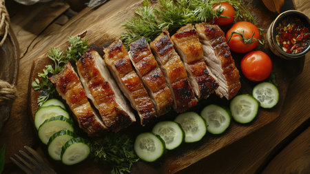 A rustic setting featuring a platter of crispy pork belly, beautifully arranged with slices of cucumber, tomato, and fresh herbs, inviting diners to indulge in this savory dish.の素材
