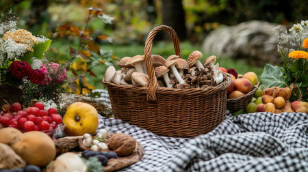 A rustic picnic setting with a basket full of freshly picked mushrooms, surrounded by blankets, fruits, and a beautiful nature backdropの素材