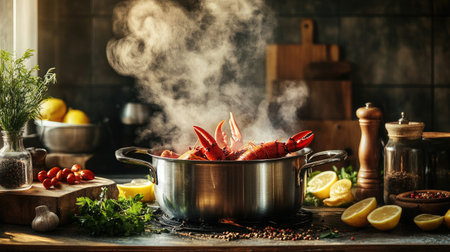 A rustic kitchen setup featuring a pot of boiling water with lobsters being prepared, surrounded by fresh herbs, lemon slices, and spices, capturing the cooking process.の素材