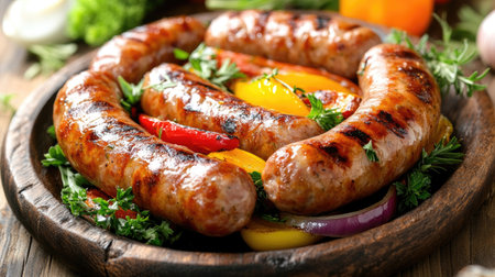 A sizzling plate of grilled sausages served with colorful bell peppers and onions, garnished with fresh herbs, creating a mouthwatering meal perfect for summer barbecuesの素材