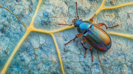 A small, iridescent beetle exploring the veins of a large, dew-covered leaf in the morning light, showcasing the beauty of nature details.の素材