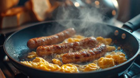 A sizzling pan of breakfast sausages cooking alongside scrambled eggs and toast, creating a delicious and hearty morning meal ready to be servedの素材